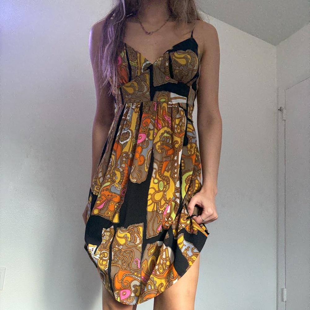 Trina Turk Multicolor Paisley V-Neck Dress with Brown, Orange & Pink Accents